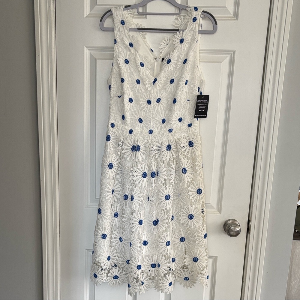 Boston Proper White Eyelet Dress with Blue Floral Detail